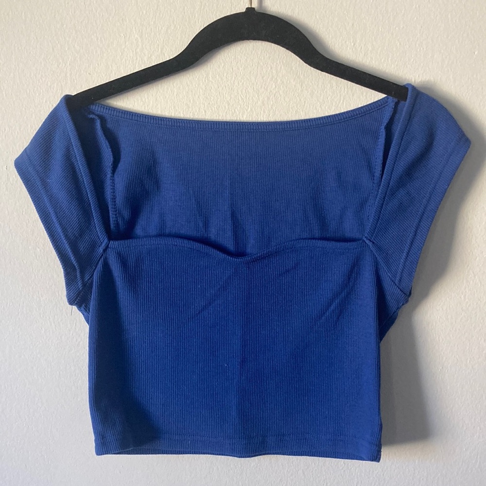 Royal blue crop top with cap sleeves and sweet heart neckline